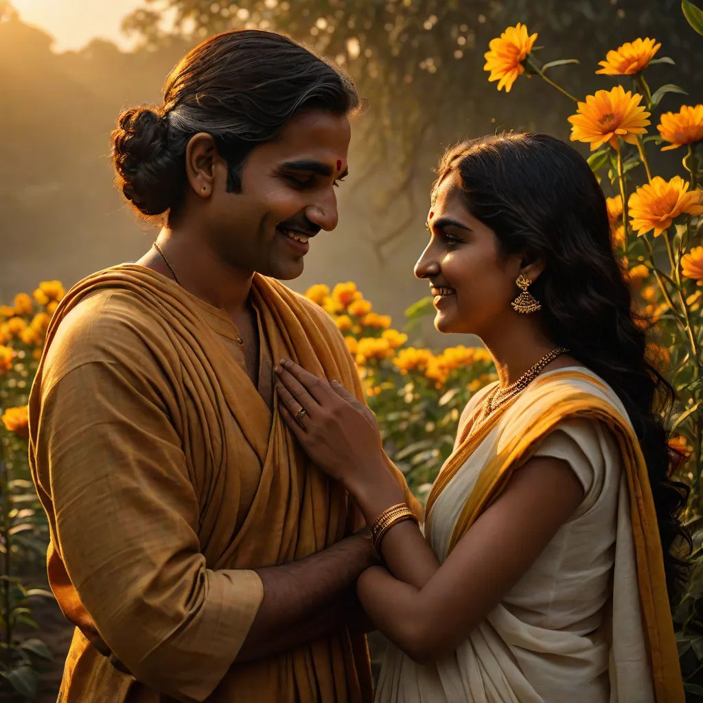 a man and woman standing in front of a field of flowers with sunflowers in the background and a man in a yellow sari, samikshavad, a poster, Ella Guru, promotional image