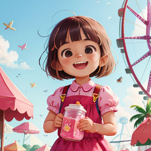 a cartoon girl holding a jar of pink liquid in front of a ferris wheel and a ferris wheel in the background