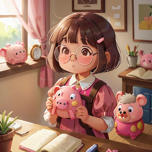 a girl holding two piggy bank in her hands and a book on the desk in front of her