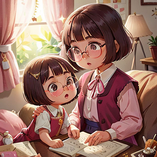a couple of girls sitting at a table with books in front of them and a lamp on the table