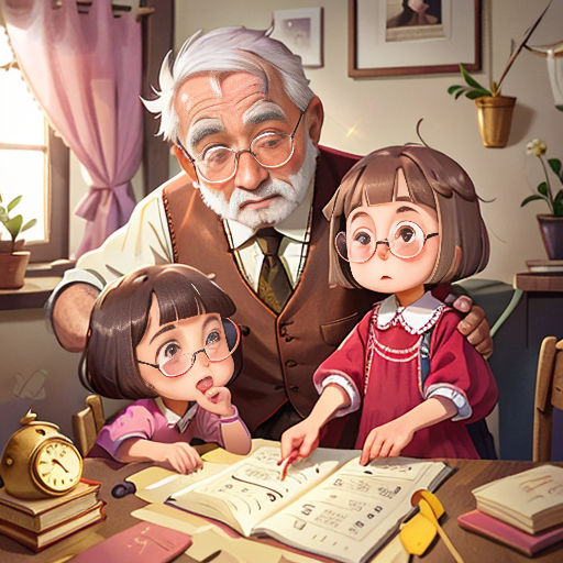 a man and two children are looking at a book together at a table with a clock and a clock on it
