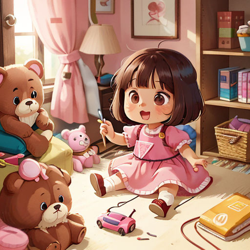 a little girl sitting on a bed with teddy bears and a teddy bear toy in front of her and a teddy bear on the floor