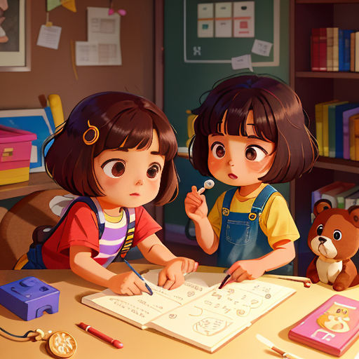 two children are doing their homework in a classroom with teddy bears and books on the table and a teddy bear