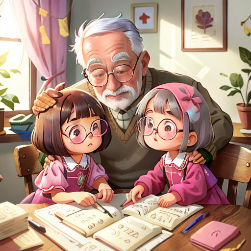 an old man and two young girls sitting at a table with a book and a pen in front of them