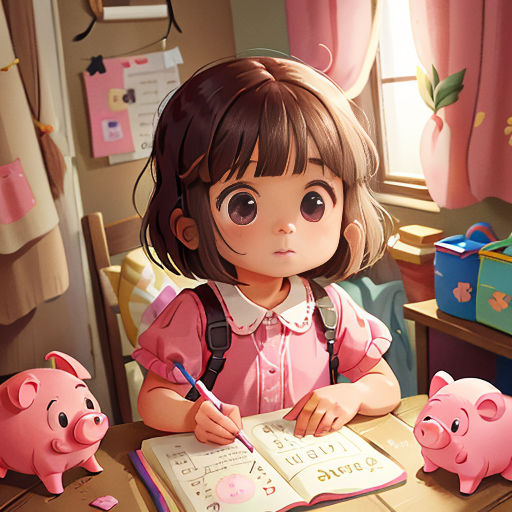 a little girl sitting at a desk with a book and piggy bank in front of her and a piggy bank behind her