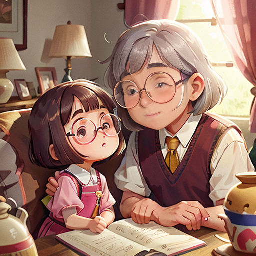 a woman and a child are sitting at a table with a book and a teapot in front of them