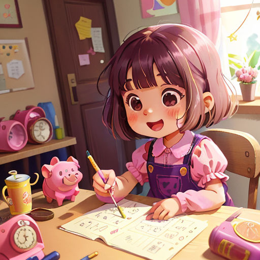 a girl is writing on a piece of paper at a table with a pig toy and a clock in the background