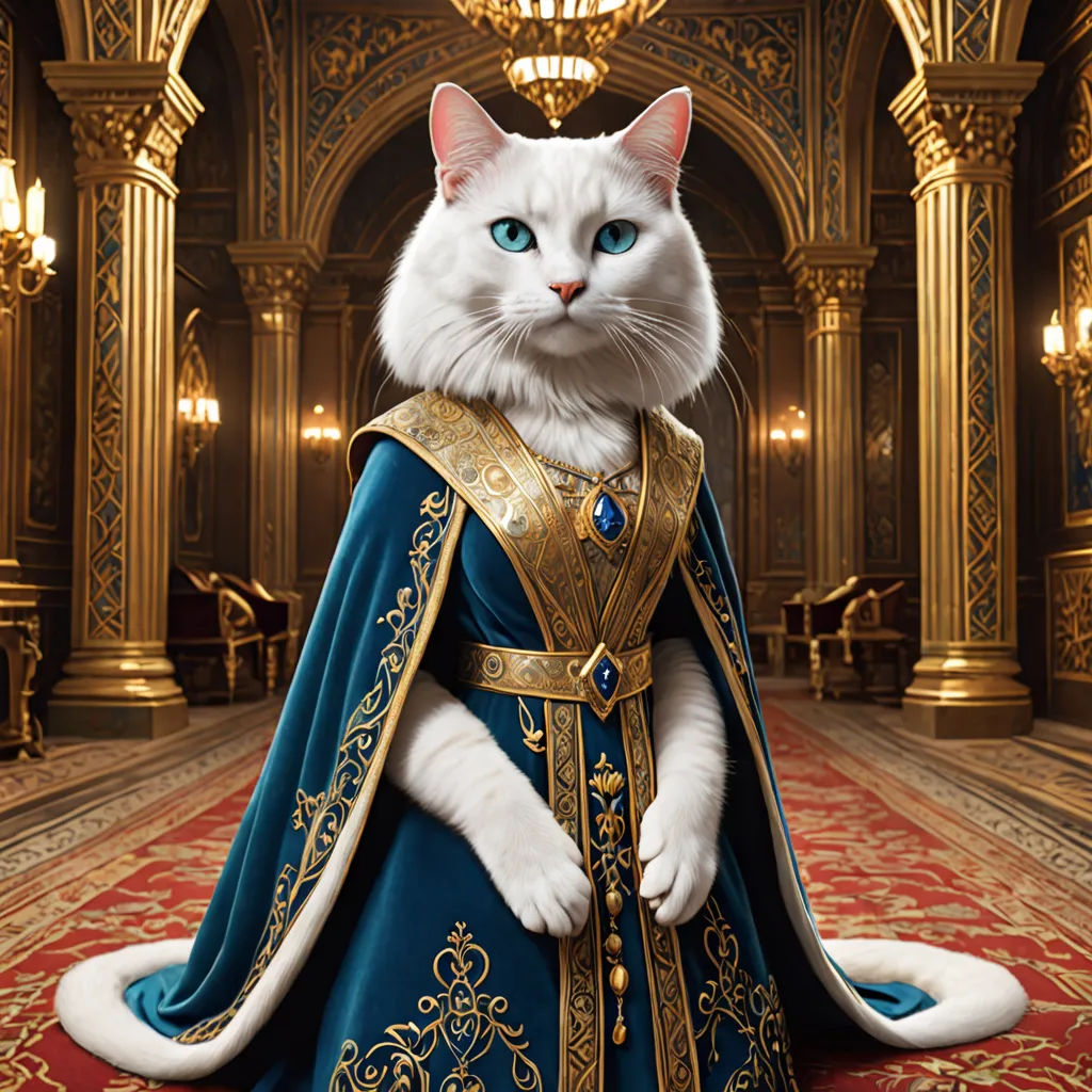 a cat dressed in a blue and gold costume sitting on a carpet in a hall with chandeliers, furry art, concept art, Carlos Catasse, regal