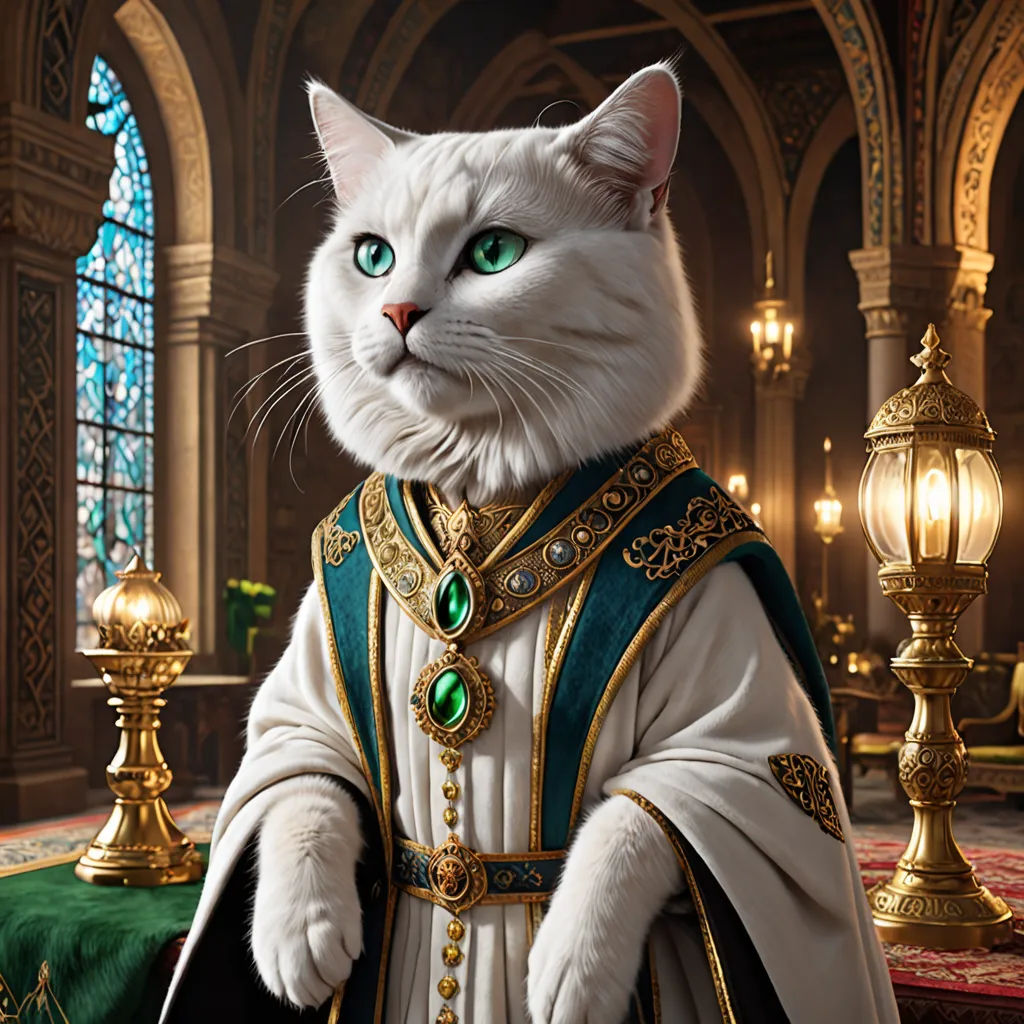 a white cat dressed in a costume standing in a room with a lamp and a window behind it,, furry art, a character portrait, Carlos Catasse, regal