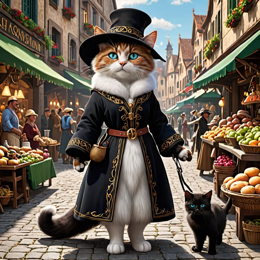 a cat dressed in a costume walking a cat on a leash in a market place with a cat on a leash, furry art, a storybook illustration, Chris LaBrooy, official art