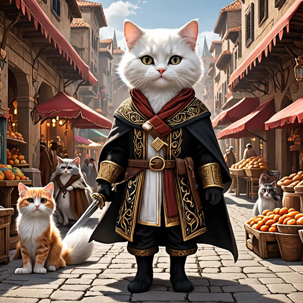 a cat dressed in a costume standing next to a cat on a street with a market in the background, fantasy art, a character portrait, Chris LaBrooy, promotional image