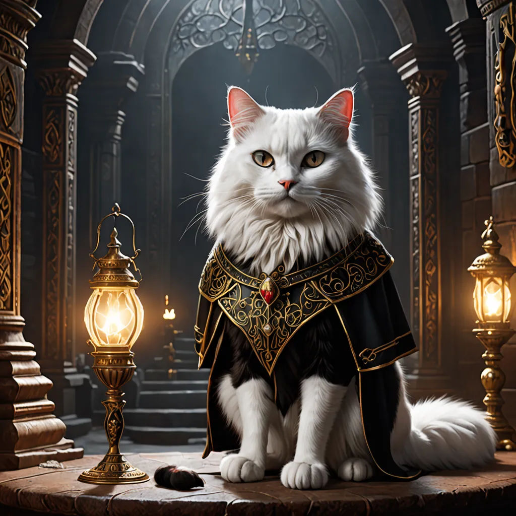 a cat dressed in a costume sitting on a table next to a lamp and lantern light in a dark room, fantasy art, a character portrait, Chris Rallis, magic the gathering artwork