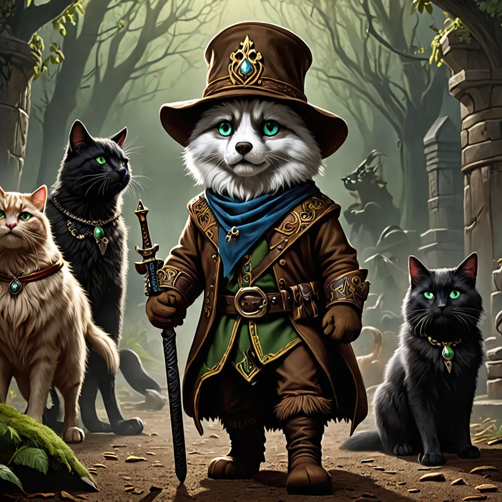 a painting of a cat with a hat and a coat and a sword and four cats in a forest, furry art, concept art, Chris Rallis, key art