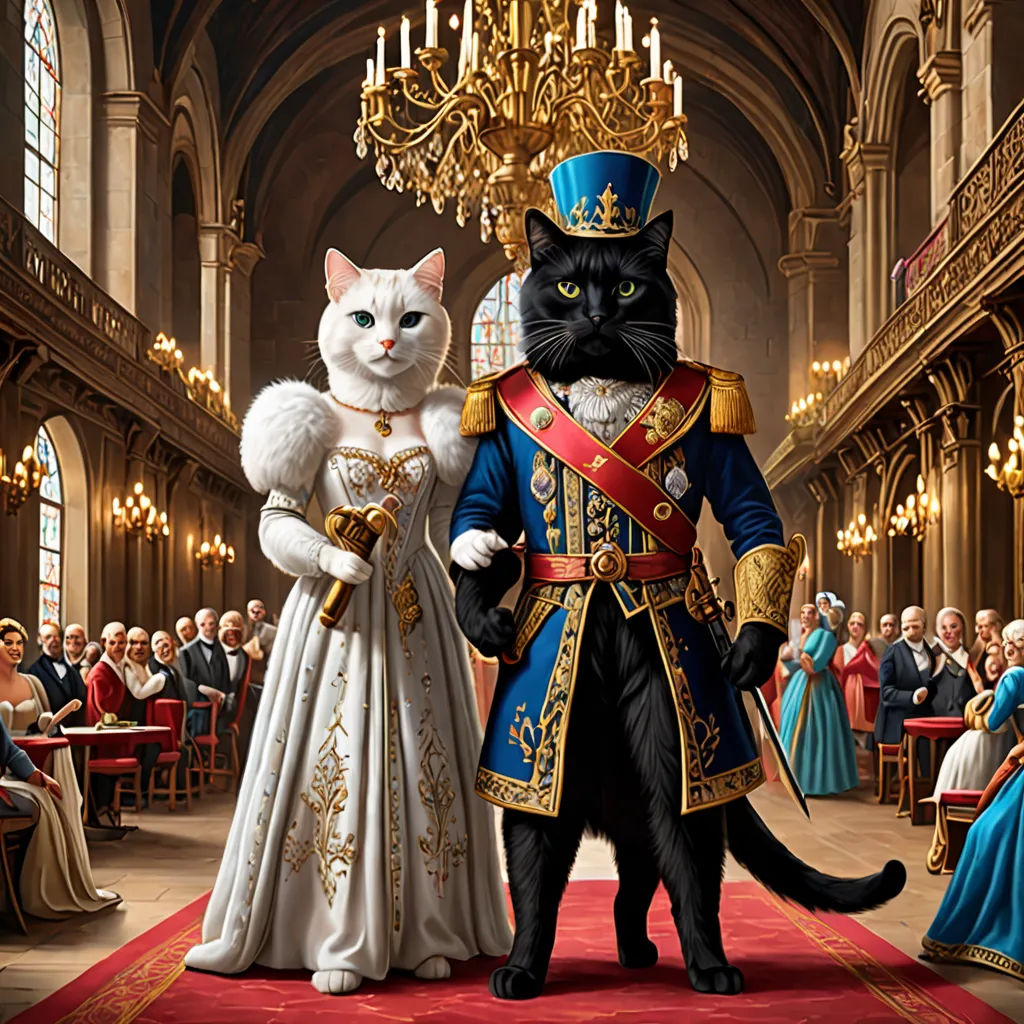 a painting of a cat and a woman in a wedding dress standing next to each other in a hall, international gothic, a storybook illustration, Chris LaBrooy, regal