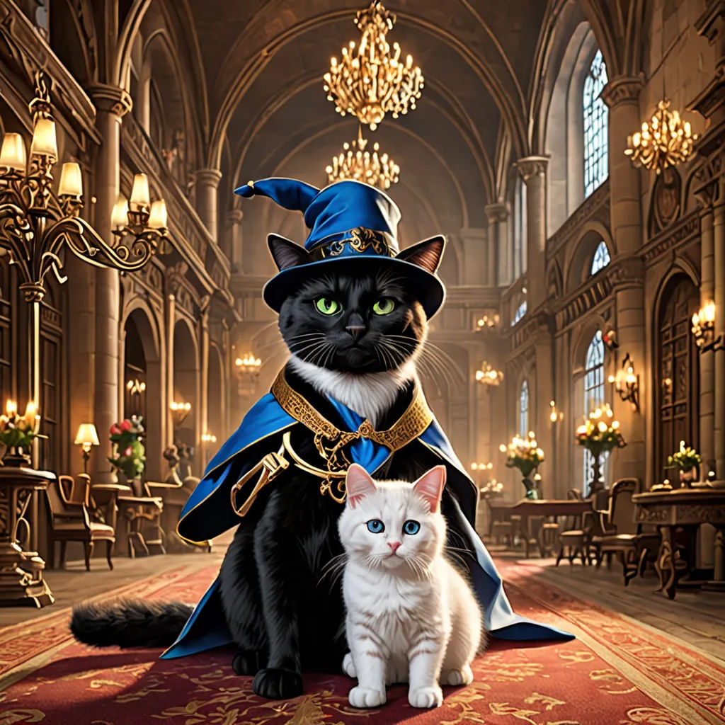 a cat and a cat dressed up as a wizard and a cat dressed as a cat in a hall, magical realism, a storybook illustration, Chris LaBrooy, key art
