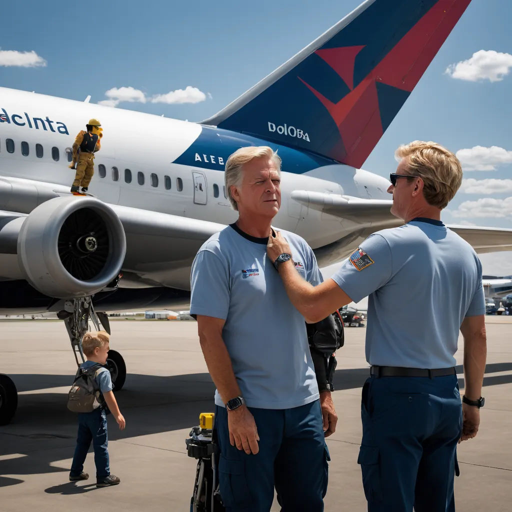 a man in a blue shirt is standing next to a man in a blue shirt and a man in a blue shirt is standing next to a plane, american scene painting, a renaissance painting, Dan Scott, promotional image