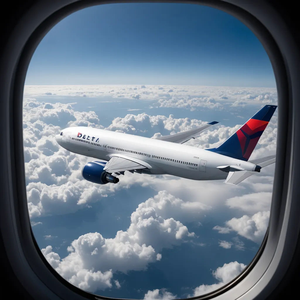 a delta airplane flying above the clouds in the sky with a view of the ground below it and the wing, international typographic style, a stock photo, Dahlov Ipcar, promotional image