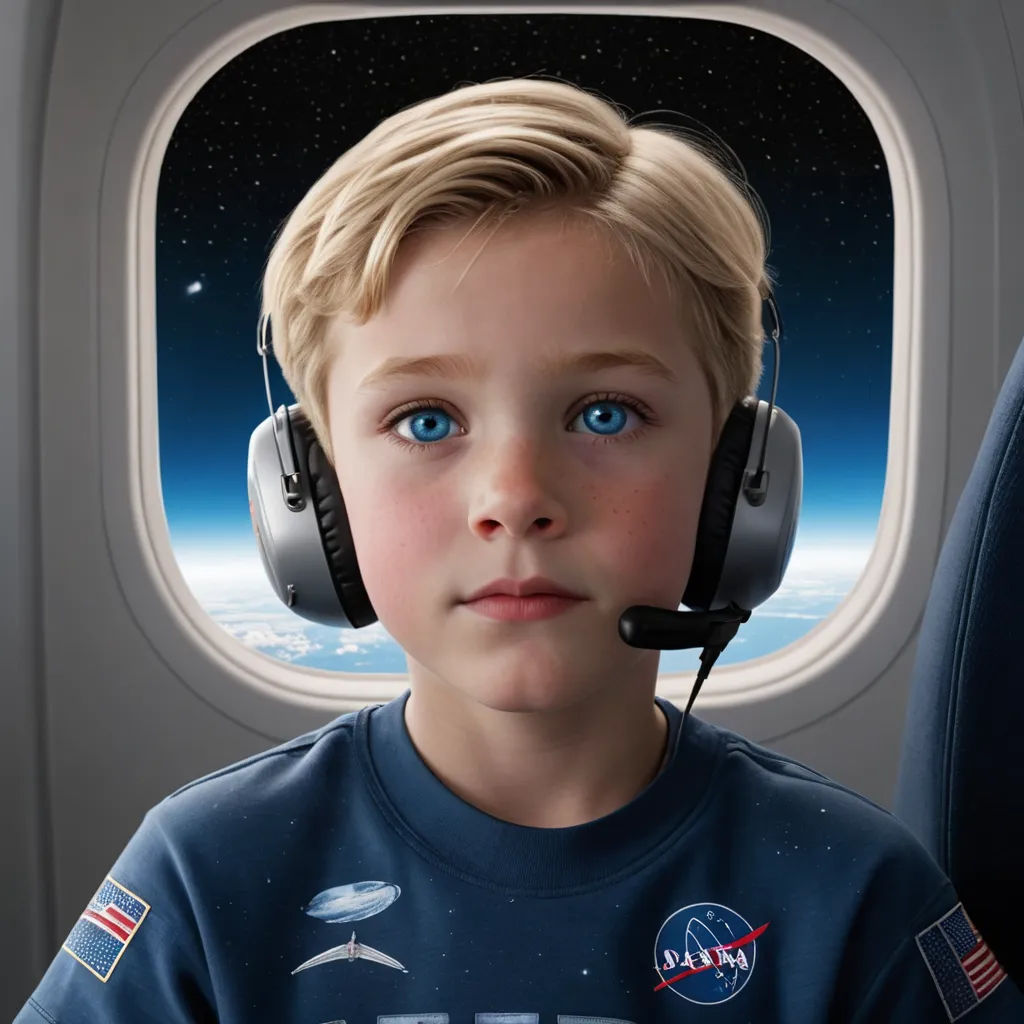 a boy wearing headphones and a space suit looks out the window of an airplane with a view of the earth, space art, a digital painting, Felix-Kelly, highly detailed digital painting
