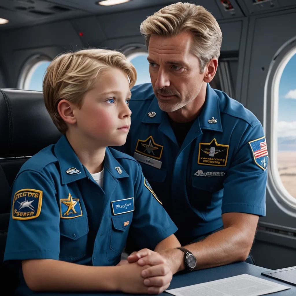 a man and a boy in uniform looking at each other in a plane window seat with a view of the desert, american realism, a stock photo, Felix-Kelly, promotional image