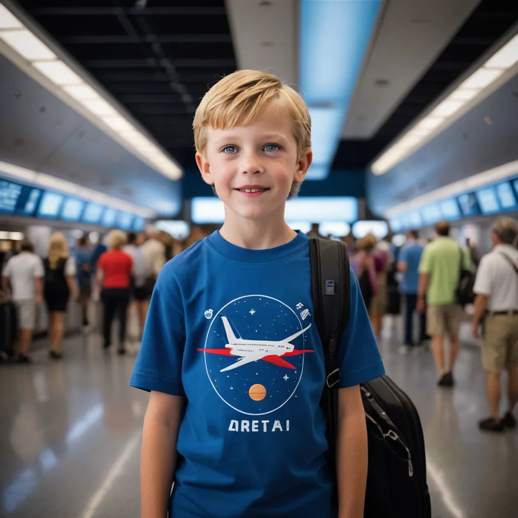 a young boy standing in a terminal with a backpack on his shoulder and a plane on his chest in the background, viennese actionism, a tilt shift photo, Artur Grottger, award-winning photograph