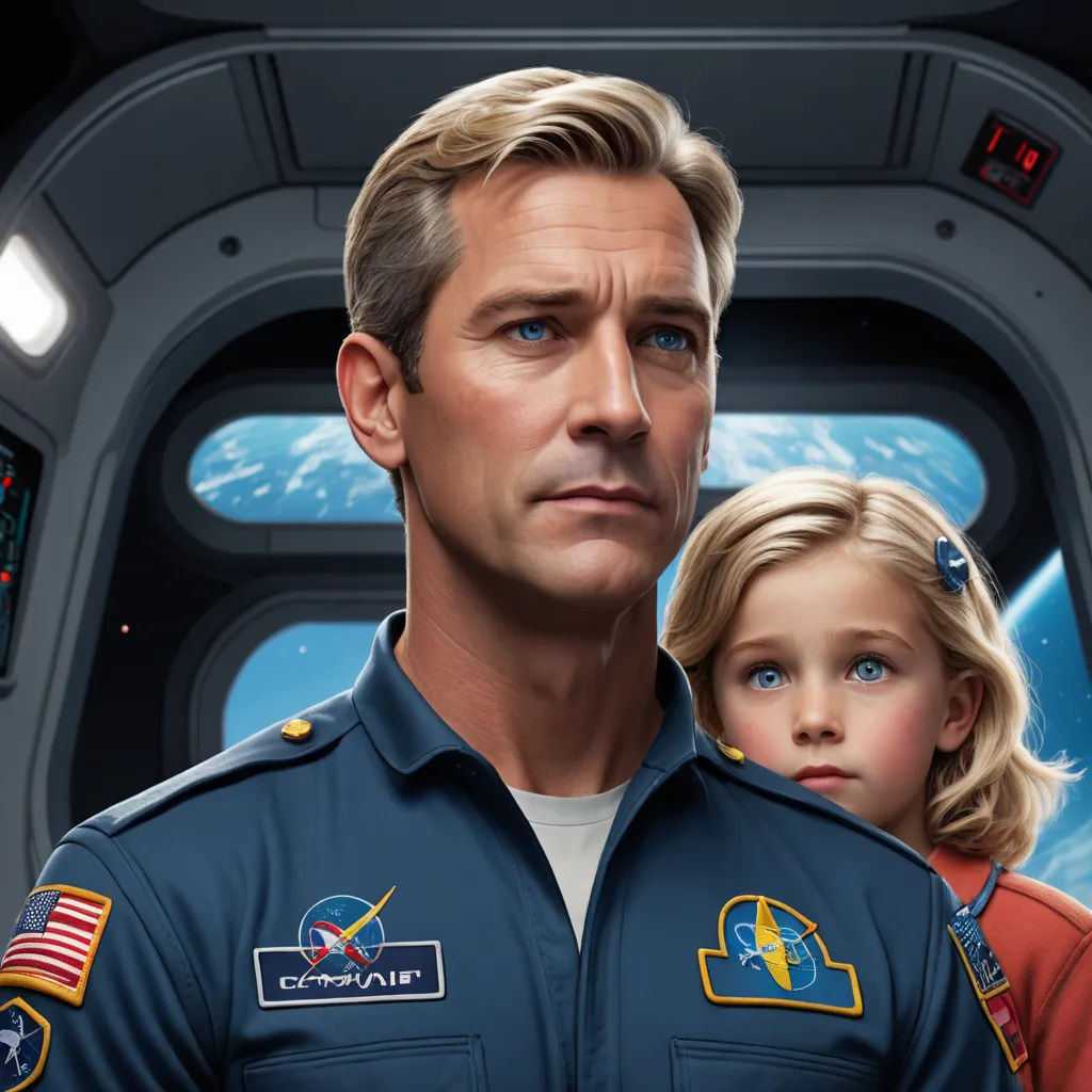 a man and a little girl in a space station with a spaceship in the background and a man in a space suit, space art, computer graphics, Cliff Childs, highly detailed digital painting