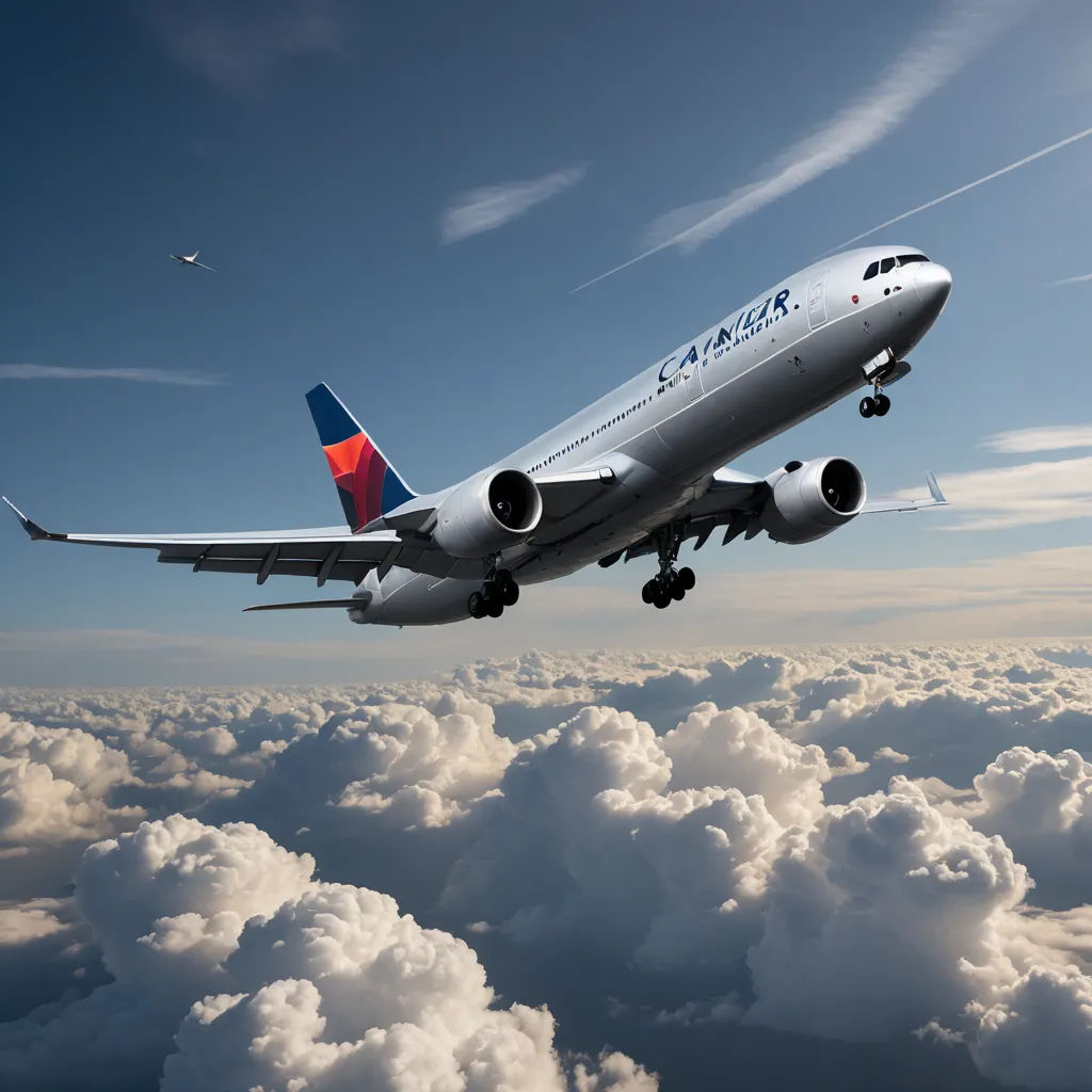 a large jetliner flying through a blue sky above clouds and clouds below it is a plane with a red tail, dau-al-set, a detailed matte painting, Alson S. Clark, realistic render