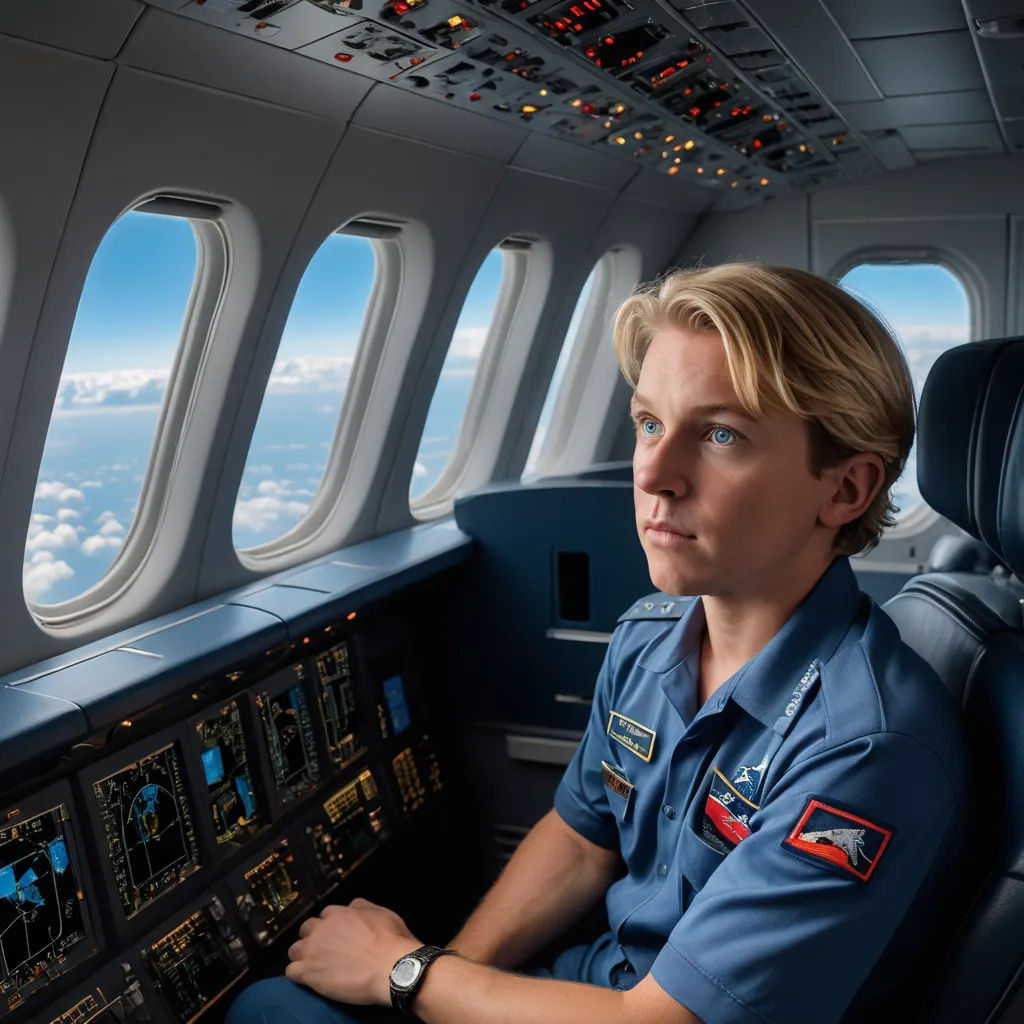 a woman in a pilot's uniform sitting in a plane looking out the window at the clouds below, de stijl, a stock photo, Anson Maddocks, promotional image