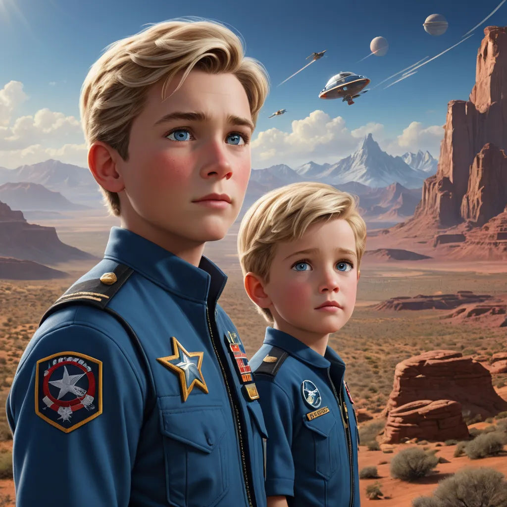 a boy and a boy in uniform standing in front of a desert landscape with mountains and a sky with a plane in the background, space art, a detailed matte painting, Brothers Hildebrandt, rossdraws global illumination