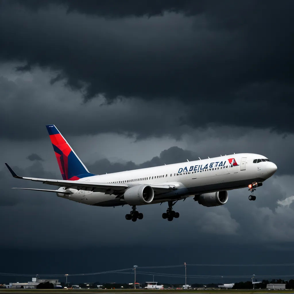 a large passenger jet flying through a cloudy sky with dark clouds behind it and a red, white, and blue tail, dau-al-set, a stock photo, Dahlov Ipcar, stormy weather