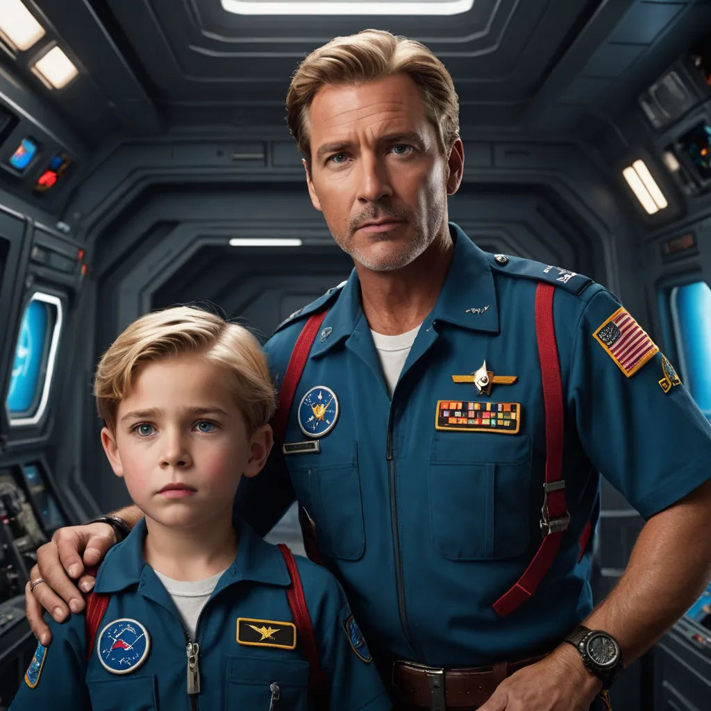 a man and a boy in uniform standing in a space station with a window behind them and a space station in the background, space art, poster art, Adam Dario Keel, promotional image
