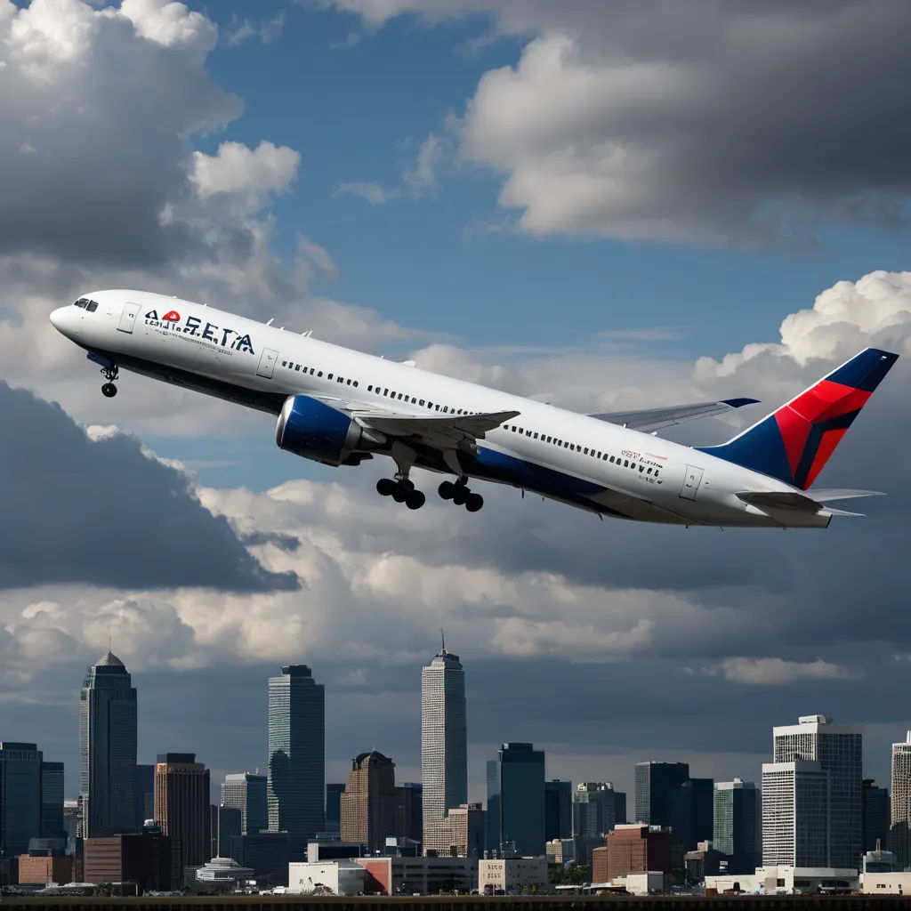 a delta airplane flying over a city skyline with clouds in the background and a blue sky with white clouds, dau-al-set, a tilt shift photo, Felix-Kelly, turnaround
