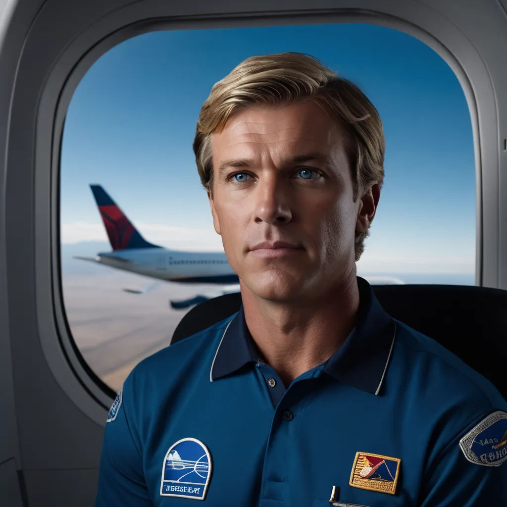 a man in a blue shirt looking out an airplane window at a plane wing and a plane in the background, hyperrealism, a character portrait, Felix-Kelly, promotional image