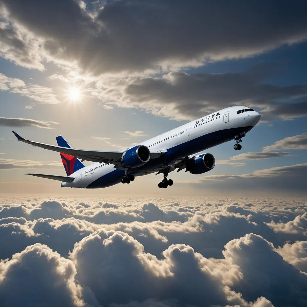 a large jetliner flying through a cloudy sky above the clouds in the sun light, with the sun peeking through the clouds, dau-al-set, a detailed matte painting, Dahlov Ipcar, turnaround