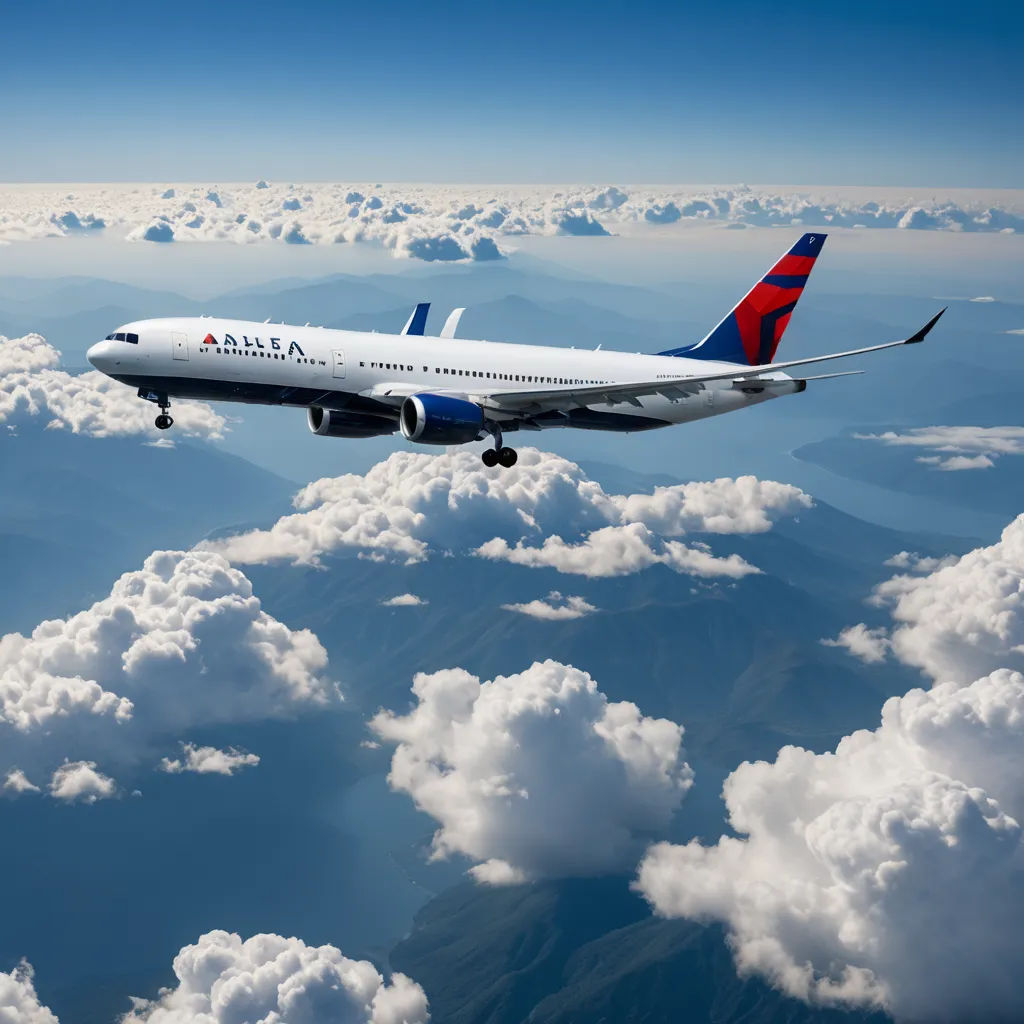 a large jetliner flying through a cloudy blue sky above a mountain range with clouds below it and a red tail, art photography, a stock photo, Alson S. Clark, sky