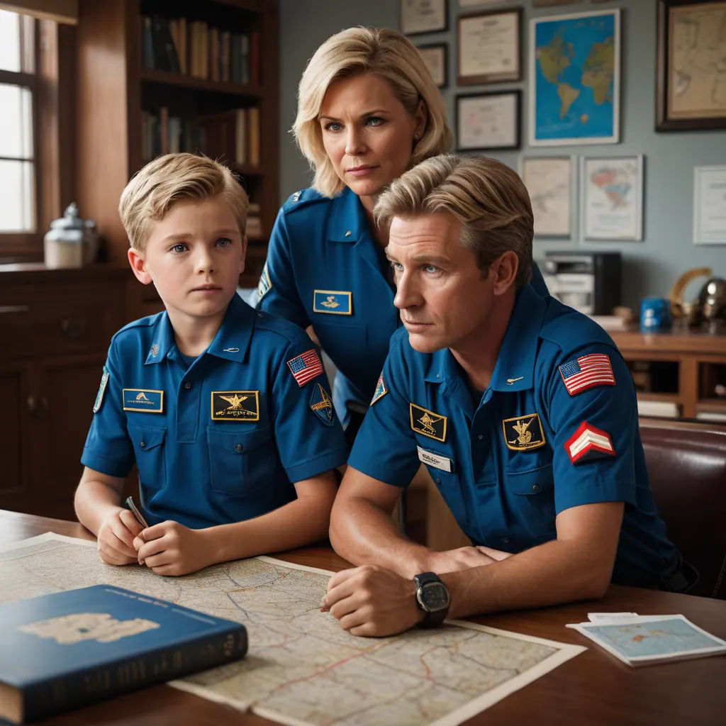 a man and two boys in uniform sitting at a table with a map and a laptop computer on it, private press, a character portrait, Armin Hansen, promotional image