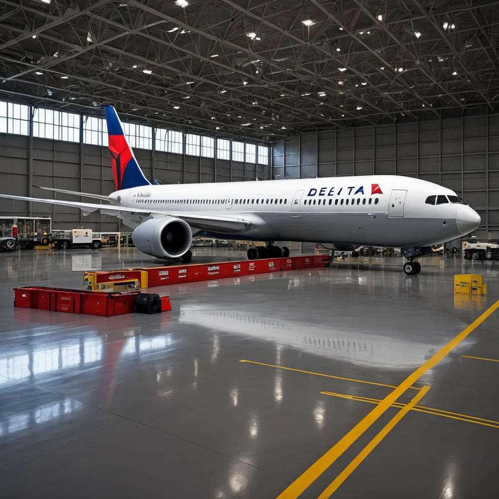 a large commercial airplane parked in a hangar with a ramp in front of it and a worker standing next to it, dau-al-set, a tilt shift photo, Dahlov Ipcar, turnaround