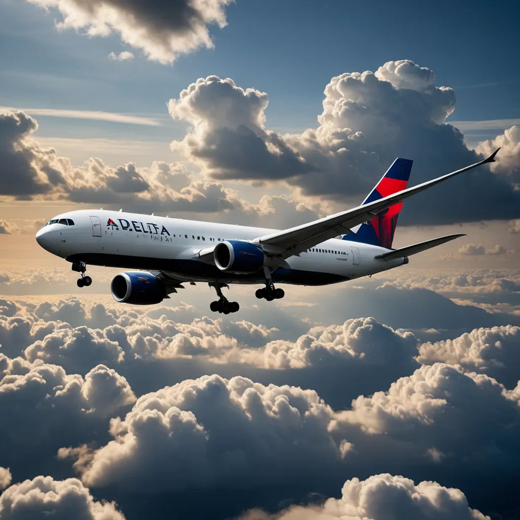 a delta airplane flying in the sky above the clouds with a red and blue tail on it's tail, art photography, a detailed matte painting, Dahlov Ipcar, sky