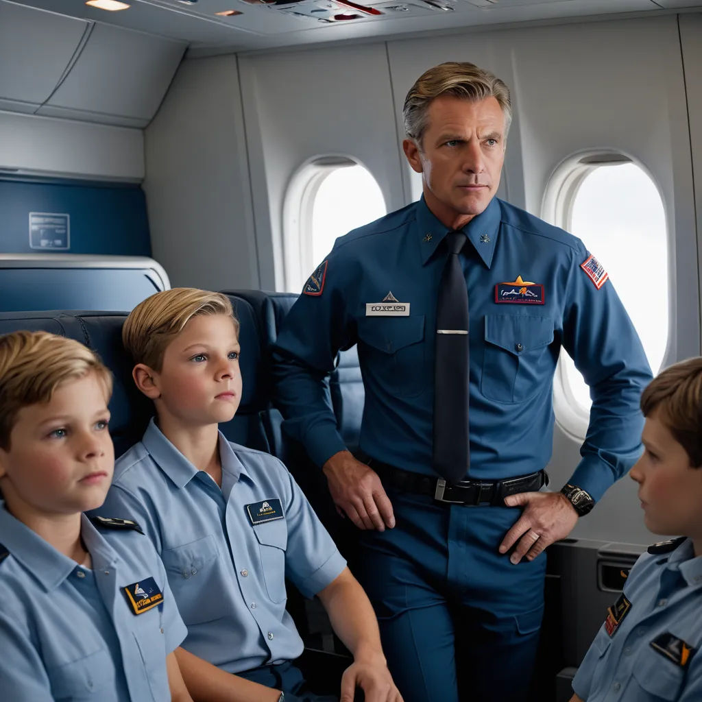 a man in a uniform standing next to two boys in uniforms on a plane with windows behind him and a man in a tie, de stijl, a poster, Adam Willaerts, promotional image