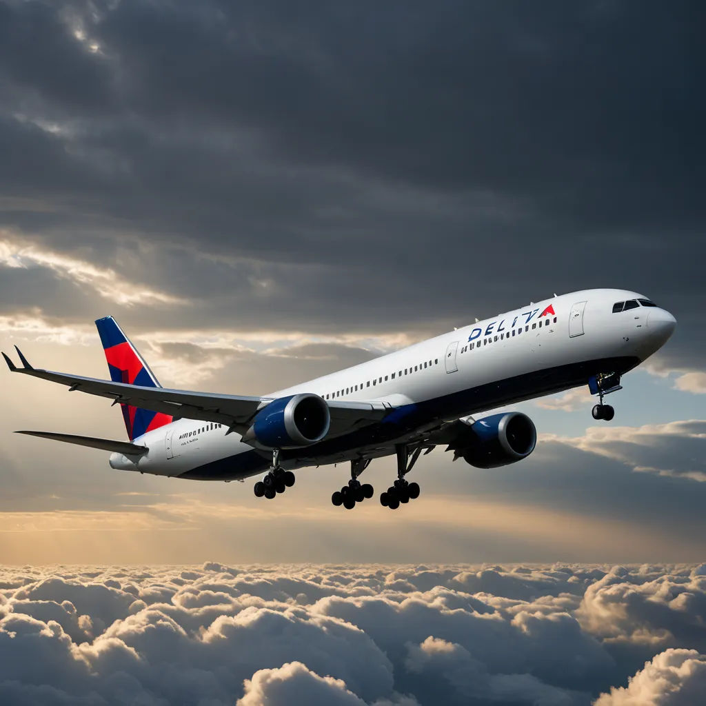 a large passenger jet flying through a cloudy sky above the clouds with a red, white and blue tail, dau-al-set, a detailed matte painting, Dahlov Ipcar, sky