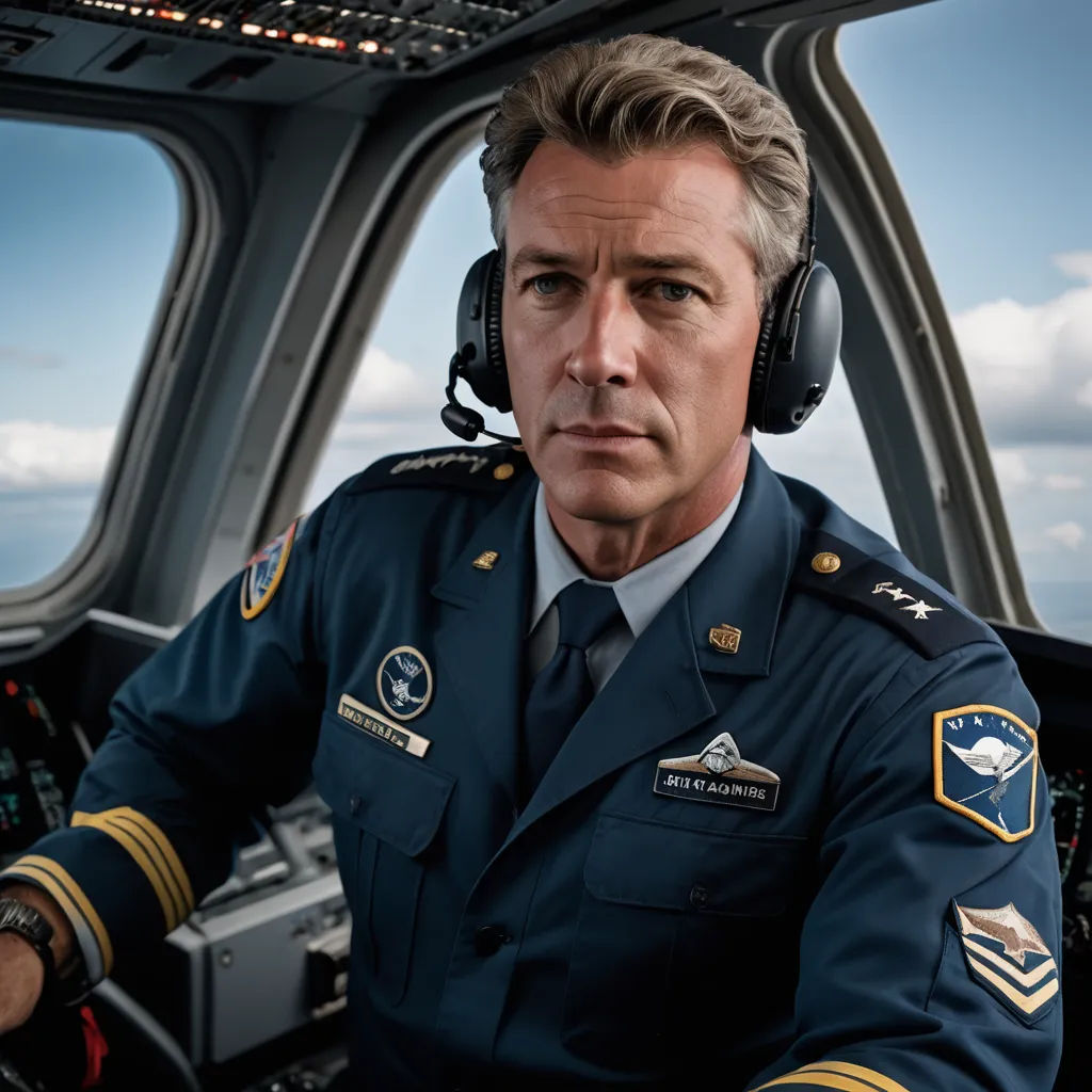 a man in a pilot's uniform sitting in a cockpit of a plane looking at the camera with a serious look on his face, photorealism, a character portrait, Erik Pevernagie, promotional image