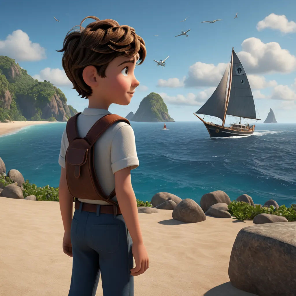 a boy standing on a beach looking at a boat in the ocean and a bird flying over him in the sky, photorealism, a detailed matte painting, Cliff Childs, promotional image