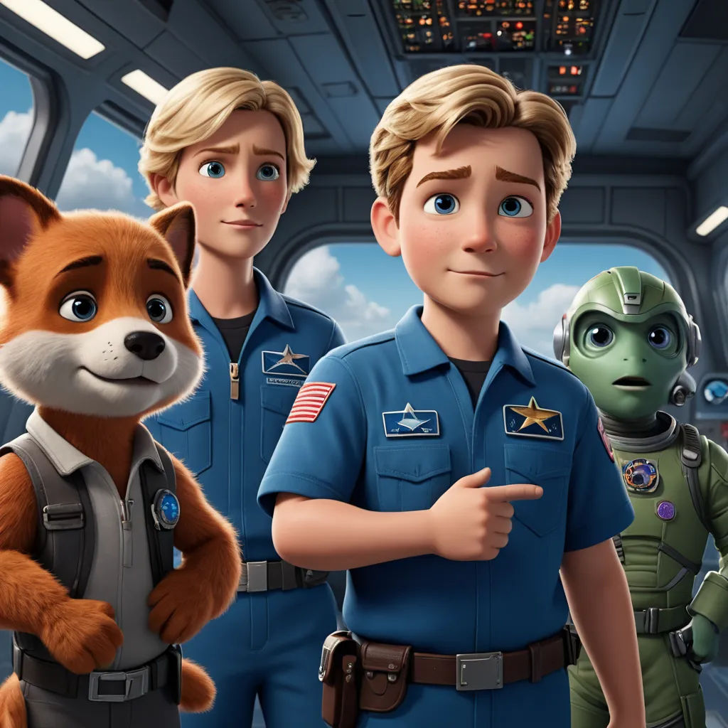 a cartoon of a man and a fox in a space station with other people in the background and a dog pointing at the camera, sots art, a comic book panel, Felix-Kelly, official art