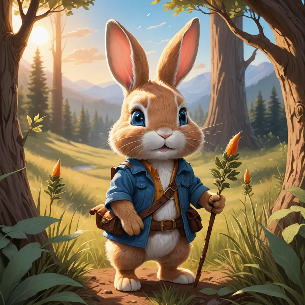 a rabbit with a backpack and a stick in a forest with trees and grass, with a sunset in the background, altermodern, a character portrait, Chris LaBrooy, rossdraws global illumination