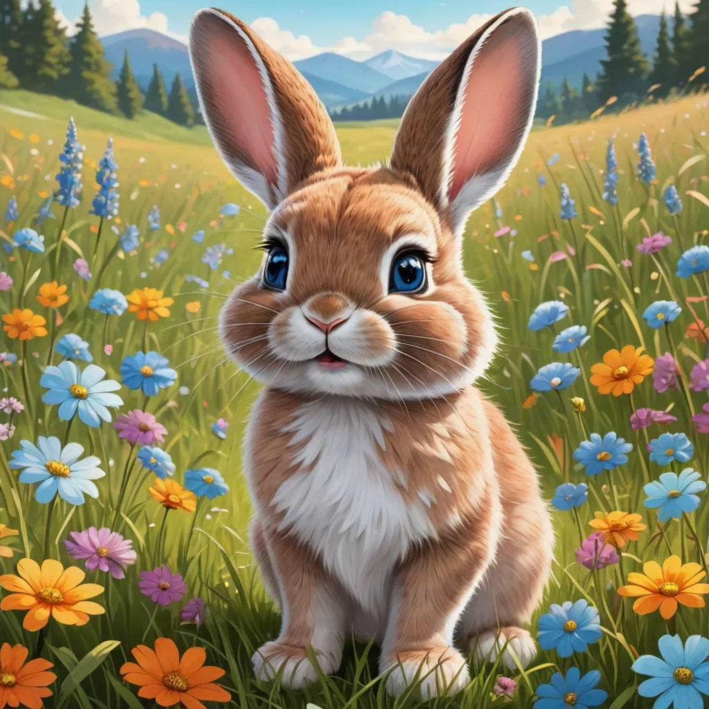a painting of a rabbit in a field of flowers with mountains in the background and blue eyes on the face, furry art, a digital painting, Chris LaBrooy, professional digital painting