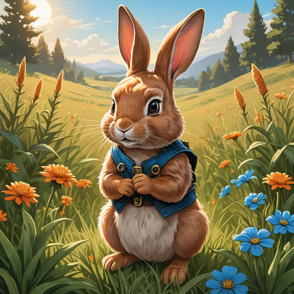 a painting of a rabbit in a field of flowers with a blue backpack on his chest and a sun in the background, furry art, a character portrait, Chris LaBrooy, magic the gathering artwork