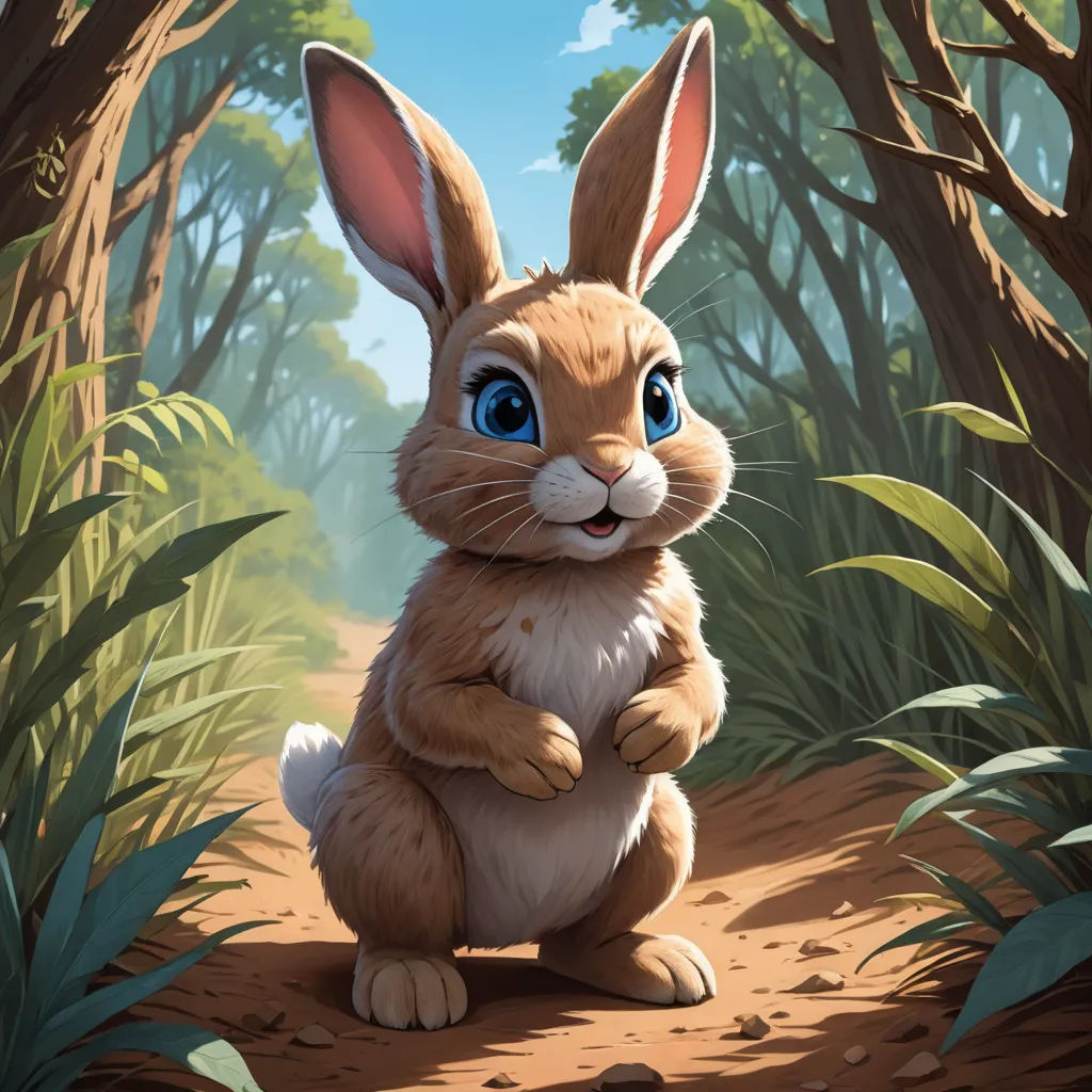 a rabbit sitting in the middle of a forest with trees and bushes around it, looking up at the camera, altermodern, a character portrait, Chris LaBrooy, rossdraws global illumination