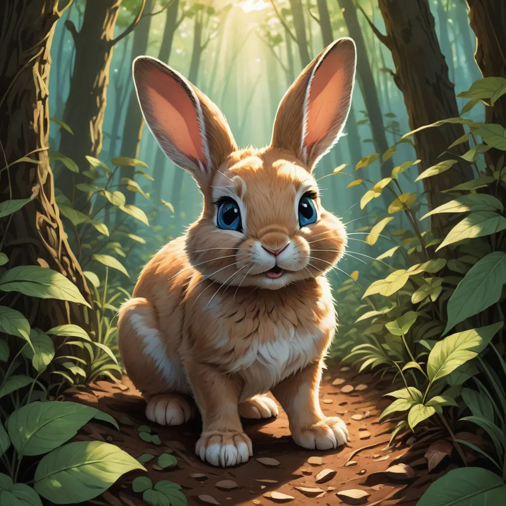 a painting of a rabbit sitting in the middle of a forest with leaves on the ground and sunlight shining through the trees, altermodern, a character portrait, Chris LaBrooy, rossdraws global illumination
