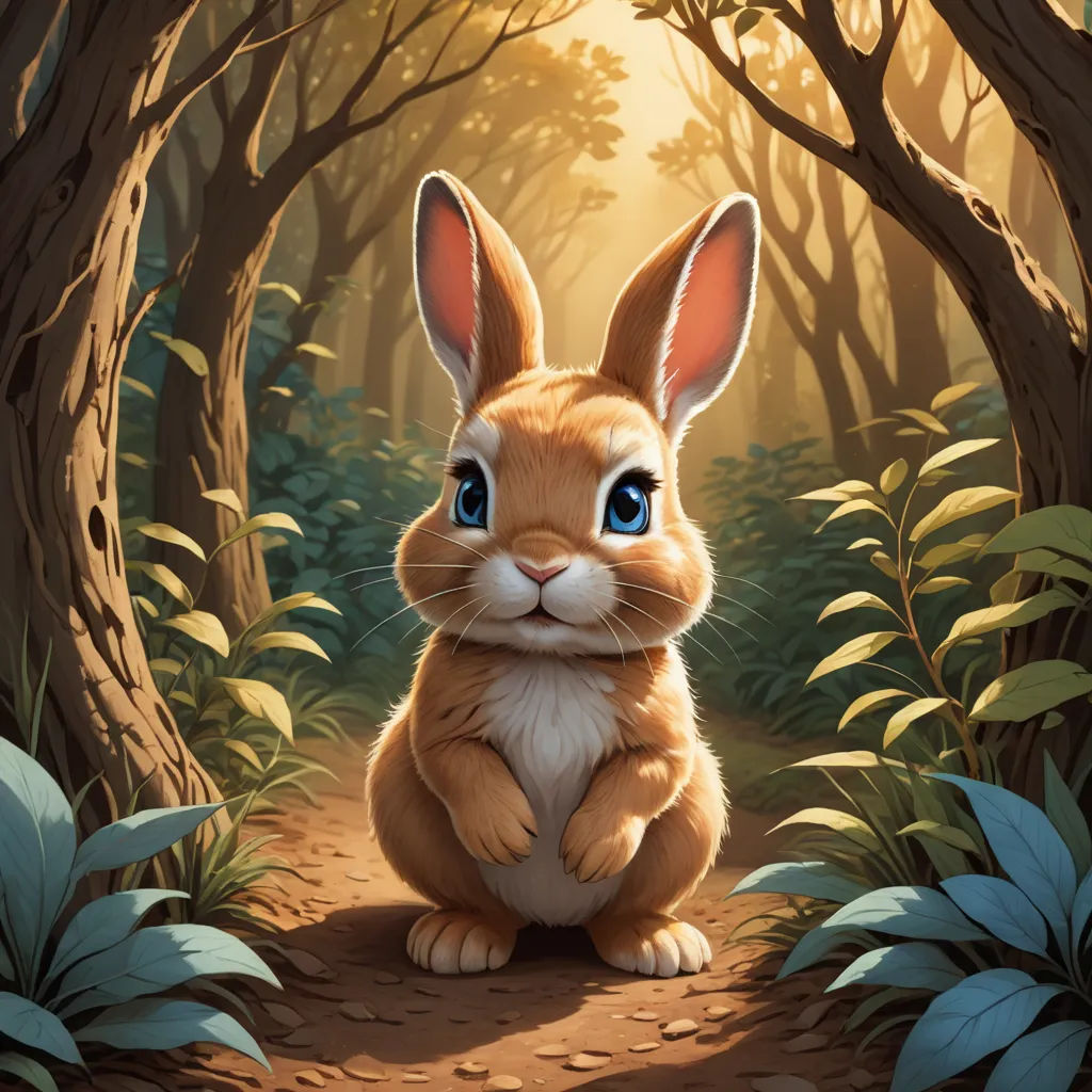 a rabbit sitting in the middle of a forest with blue eyes and a trail leading to a forest with trees, fantasy art, a digital painting, Chris LaBrooy, rossdraws global illumination