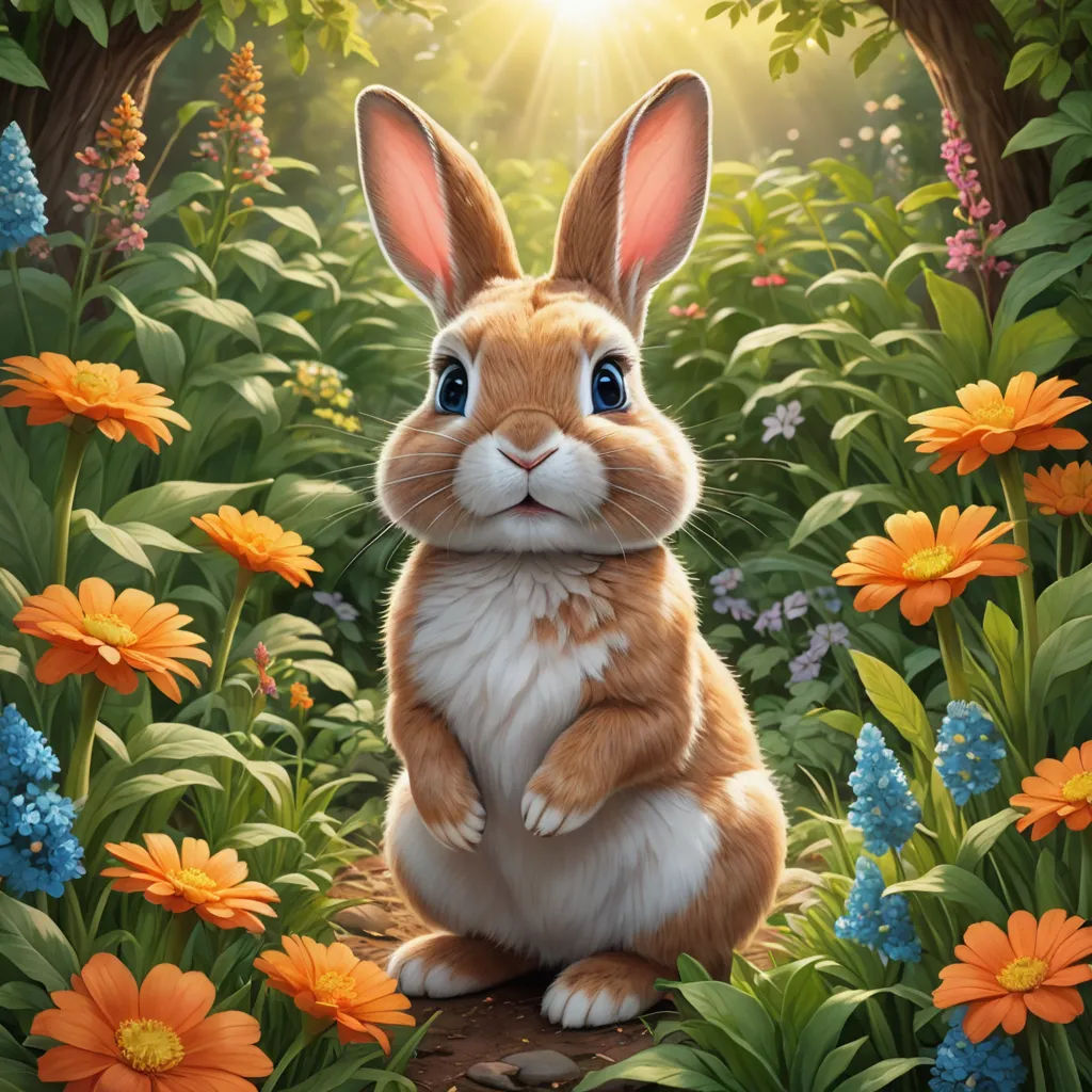 a painting of a rabbit sitting in a field of flowers and flowers with the sun shining through the trees, furry art, a digital painting, Chris LaBrooy, rossdraws global illumination