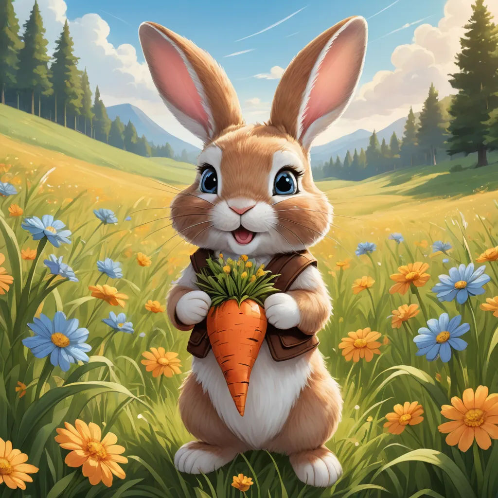 a rabbit holding a carrot in a field of flowers and grass with a sky background and clouds in the background, furry art, a detailed painting, Chris Rahn, splash art